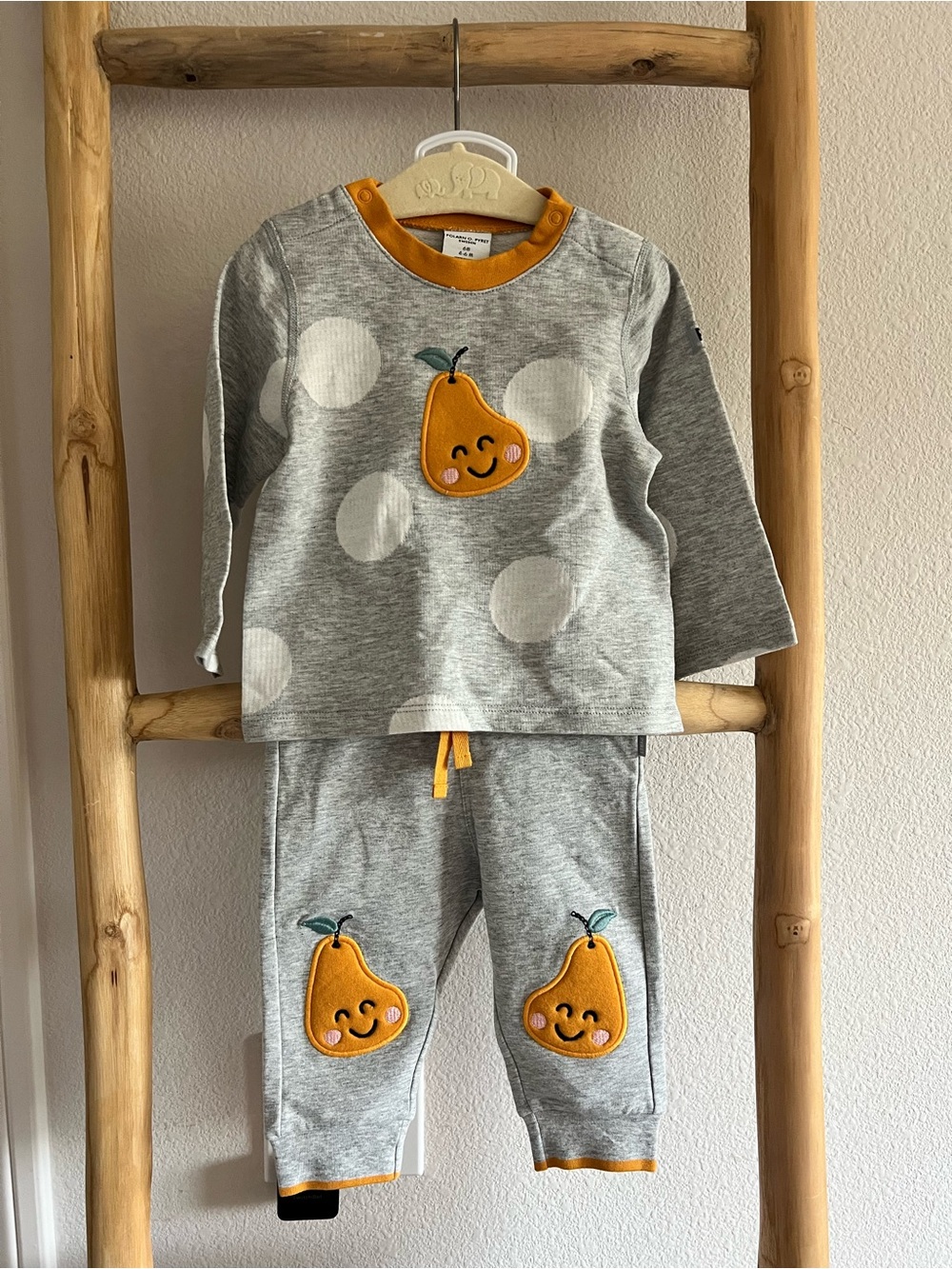 Polarn O. Pyret Grey Pajama Set with Yellow Pear Appliqués
